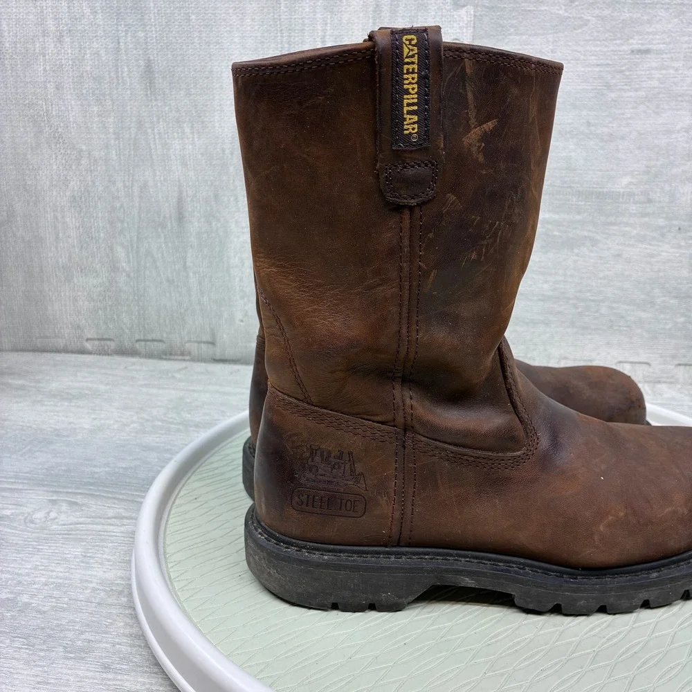 Caterpillar Revolver Wellington Work Boots Mens 9.5 Brown Leather Steel Toe Pull